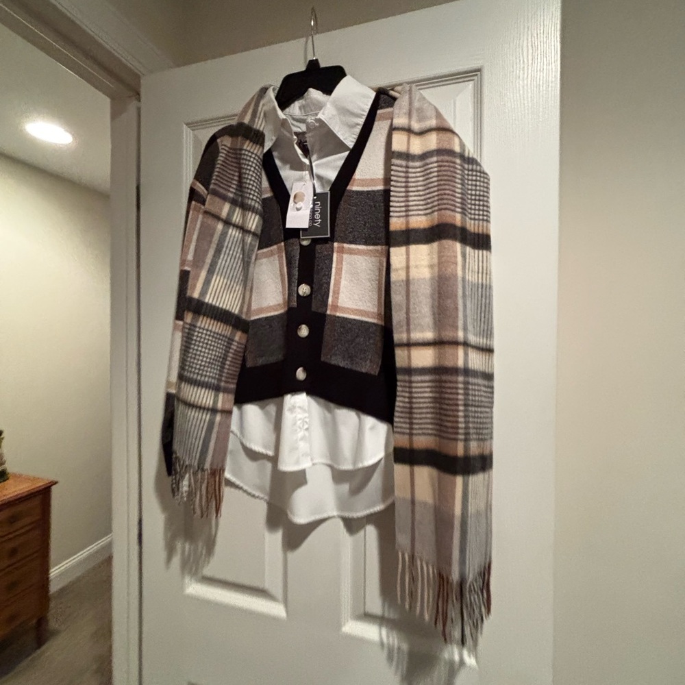 NWT Plaid Cardigan and Scarf Set